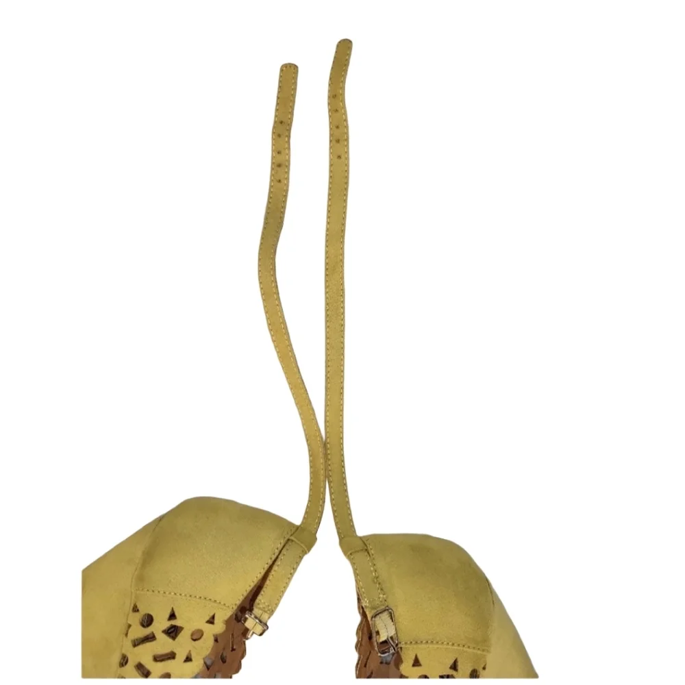 Mix No 6 Yellow Suede Laser-Cutout 4 Inch Wedge Heels Size 8 1/2
